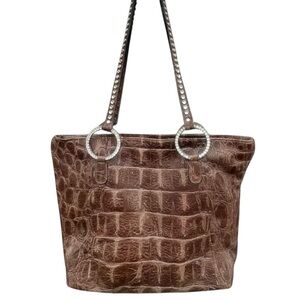 Raviani Brown Croc Embossed Leather With Crystals Tote Bag